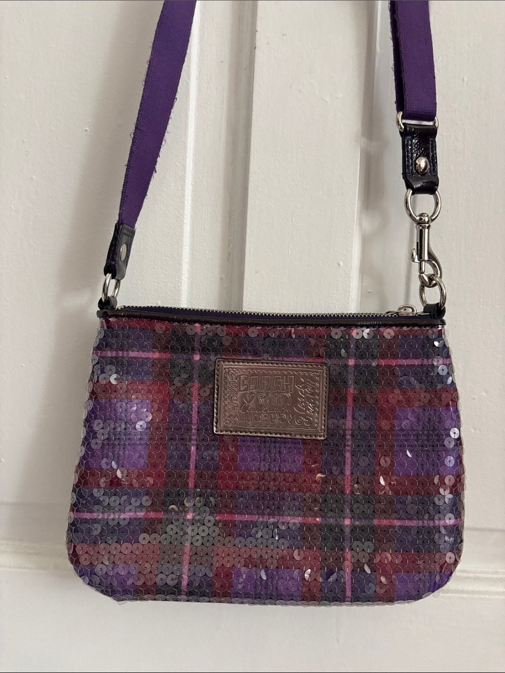 Coach Poppy Purple Plaid Sequin Crossbody with Detachable Strap